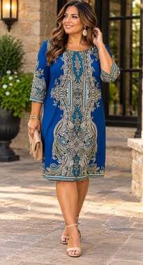 Studio One New York Blue Paisley Print 3/4 Sleeve Dress